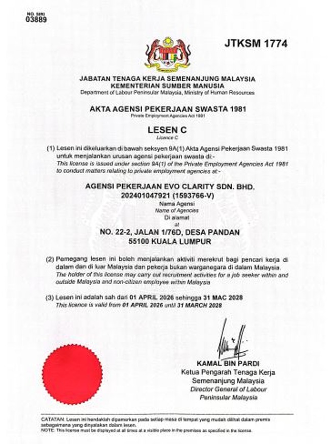 Official JTKSM Private Employment Agency licence